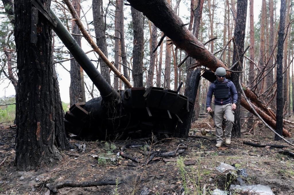 Russian soldiers, Seggos said, have left behind "rusty weapons" — like this burned-out tank he saw.