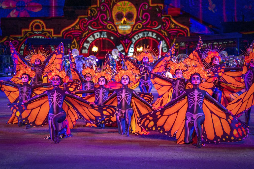 The Day of the Dead from Banda Monumental De Mexico perform on the Esplanade of Edinburgh Castle at this year's Royal Edinburgh Military Tattoo. After a two-year hiatus the Tattoo returns with the 2022 show titled 'Voices' with over 800 performers and includes international performances from Mexico, The United States, Switzerland and New Zealand.