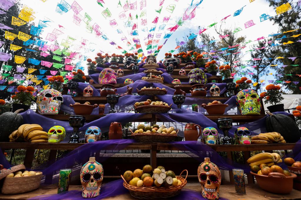  A traditional 'Dia de Muertos offering' is displayed as part of the 2021 'Day of The Dead' celebration at Parque Papalotla on November 01, 2021 in Papalotla, Mexico. Considered one of the most popular celebrations in Mexico, the Day of the Dead takes place every year on November 1 and 2. People remember those who have died with offerings, family gatherings and visits to their graves. The celebration has expanded to other countries in Latin America and the rest of the world. After the 2020 restrictions due to the Covid-19 pandemic, this year Mexican authorities will allow people to visit cemeteries by following protocols. (Photo by Alan Espinosa/Getty Images)