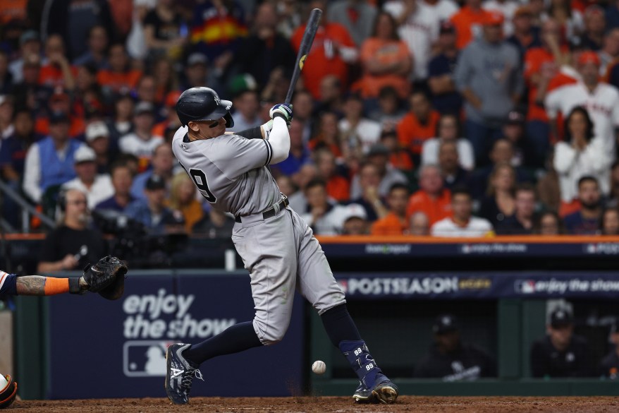 Aaron Judge strikes out during the eighth inning against the Houston Astros in game one of the AL Championship Series on Oct. 19, 2022 in Houston.