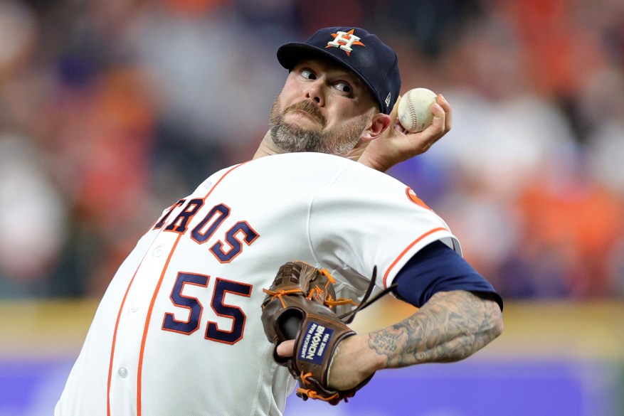 Ryan Pressly pitches during the ninth inning against the New York Yankees in Game one of the AL Championship Series on Oct. 19, 2022 in Houston.