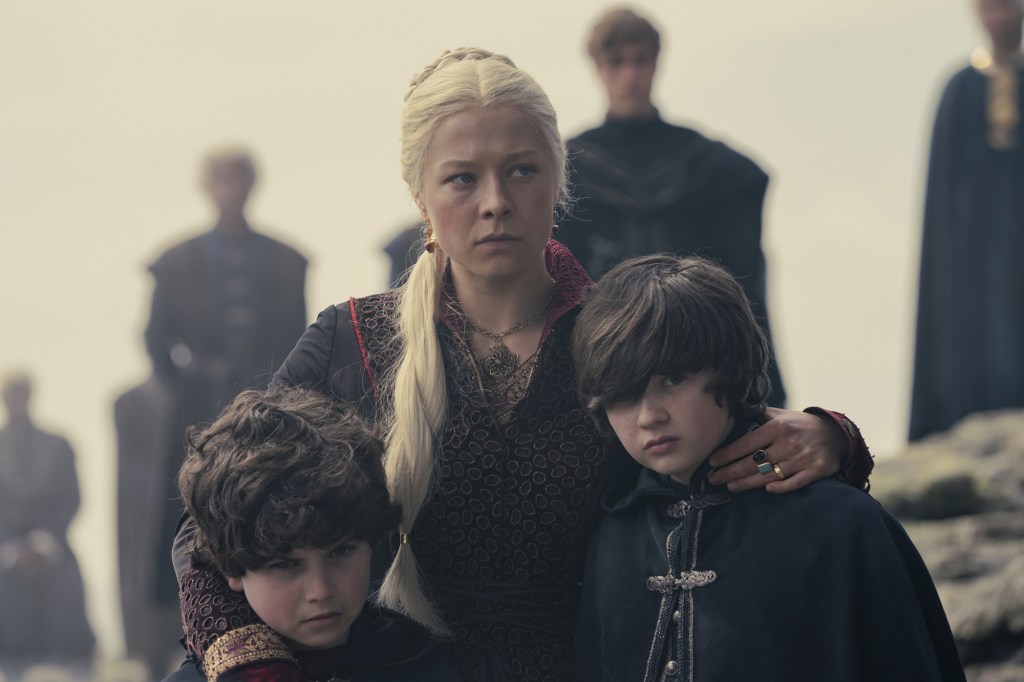 Rhaenyra (Emma D'Arcy) with her sons, Jace and Luke. 