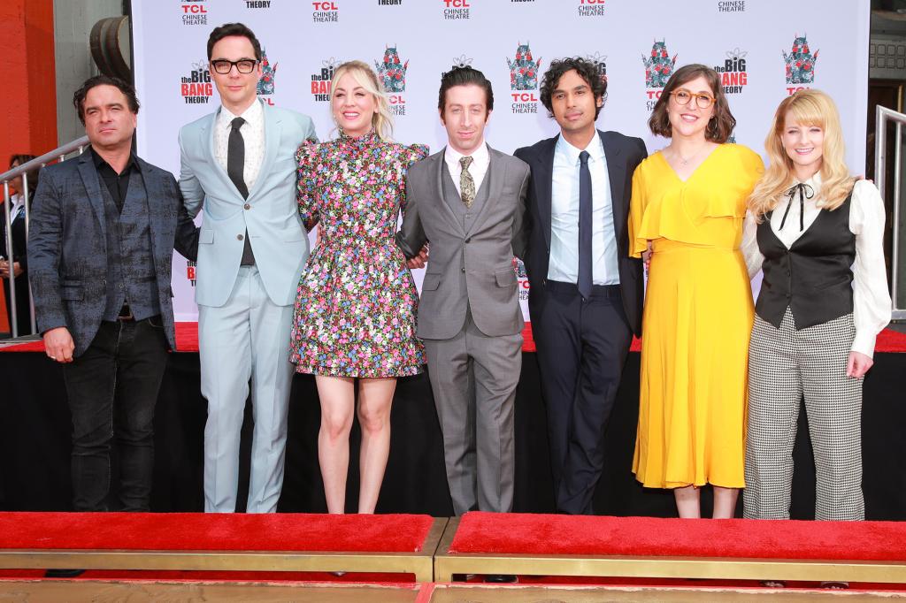 Johnny Galecki, Jim Parsons, Kaley Cuoco, Simon Helberg, Kunal Nayyar, Mayim Bialik and Melissa Rauch from the cast of "The Big Bang Theory" stand in a line on a red carpet.