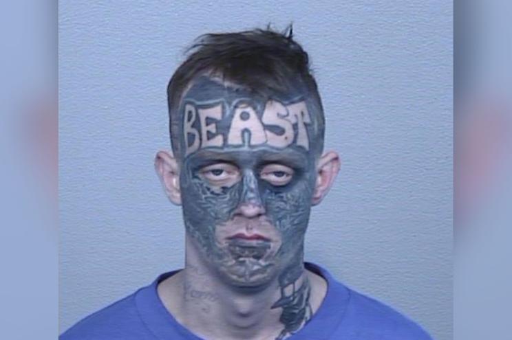 Police in Australia have arrested a man with BEAST written across his forehead.