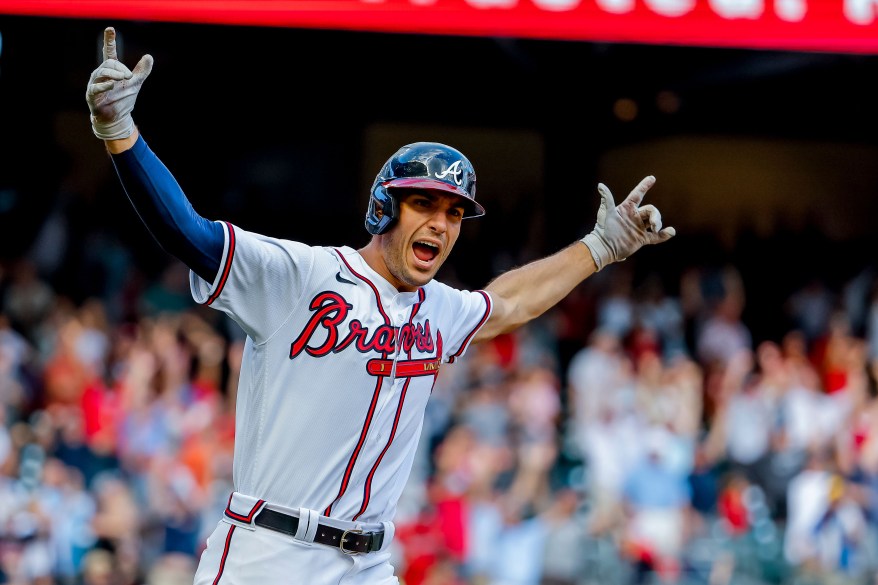 Atlanta Braves first baseman Matt Olson reacts after hitting a three-run home run in the ninth inning of NLDS Game 1 on Oct. 11, 2022 in Atlanta.