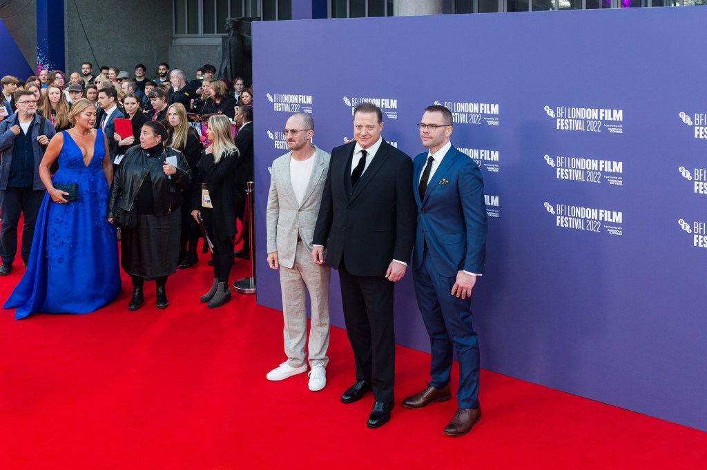 Darren Aronofsky, Brendan Fraser and Samuel D. Hunter attend the UK Premiere of 'The Whale' at the Royal Festival Hall during the 66th BFI London Film Festival in London, United Kingdom on October 11, 2022. 