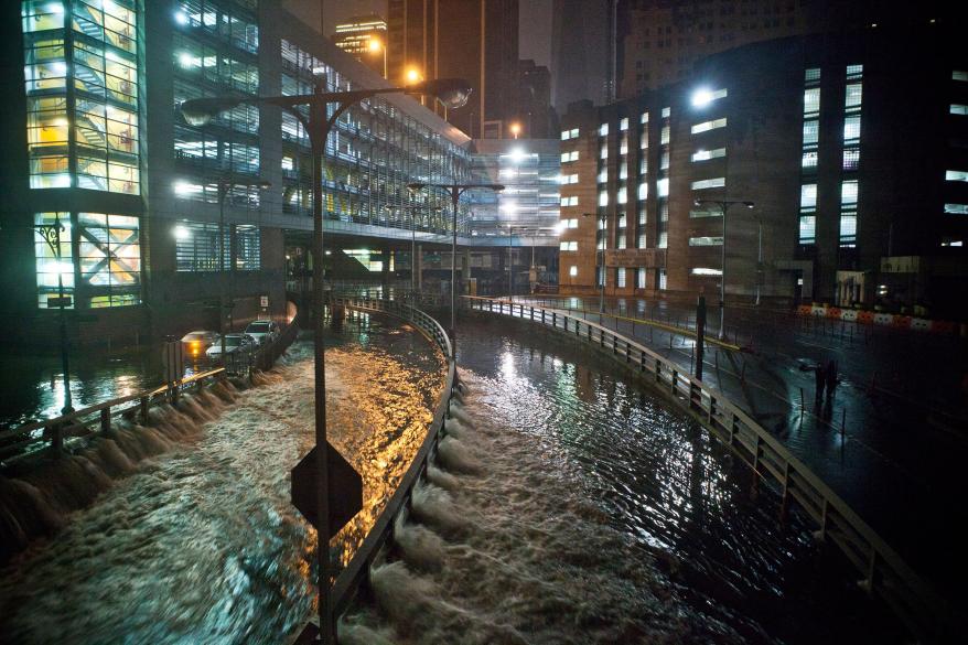 Water rushes into the Carey Tunnel during Hurricane Sandy in Oct. 29, 2012.