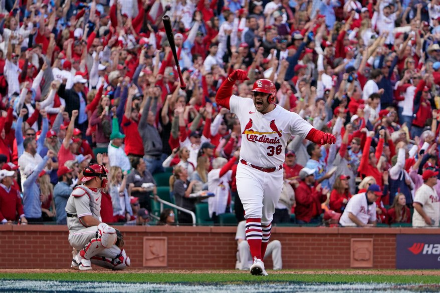 The St. Louis Cardinals' Juan Yepez reacts after hitting a two-run home run during the seventh inning of NL Wild Card Game 1 against the Philadelphia Phillies on Oct. 7, 2022 in St. Louis.