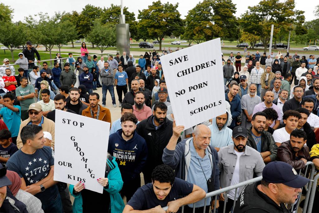 Parents protesting sexualized material in school books in Dearborn, Michigan on September 25, 2022.