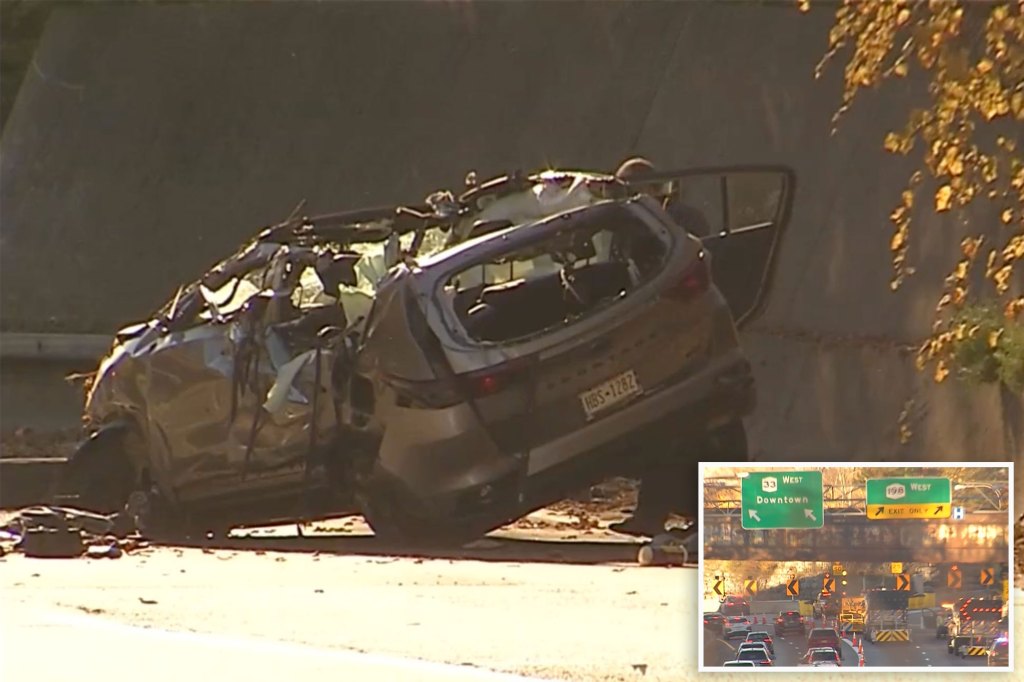 Main image is the car's wreckage; Inset is the road on which the crash occurred.