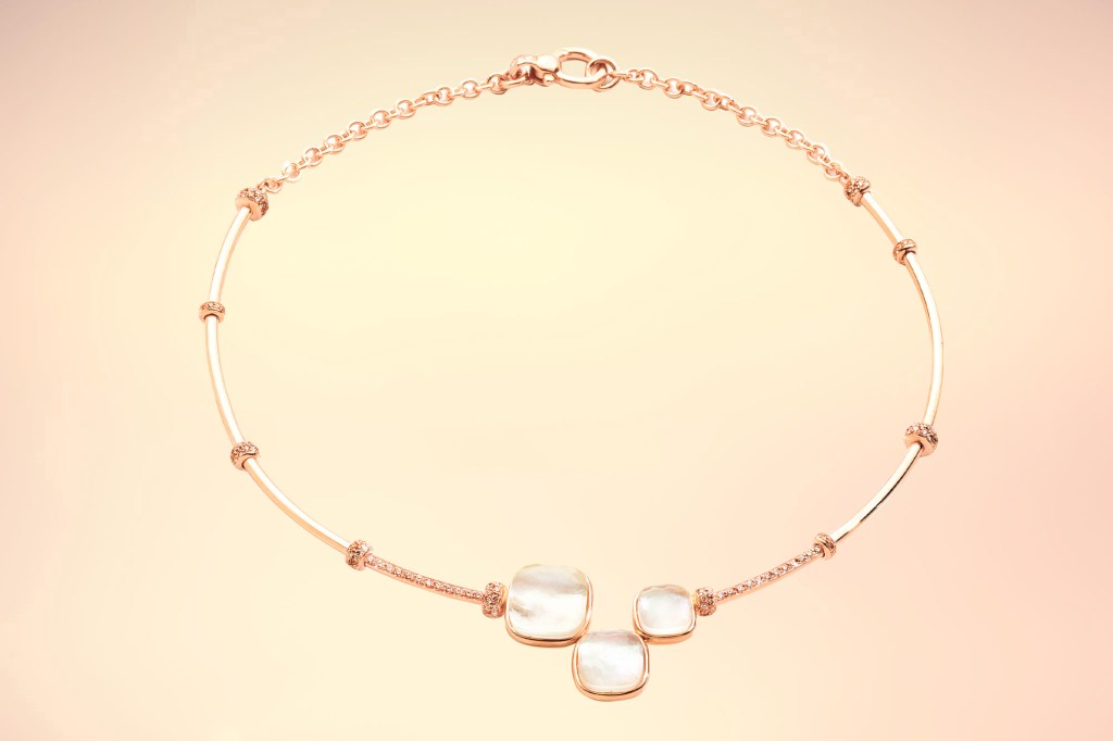 Pomellato “Nudo Rivière” necklace in 18-k rose gold with white topaz, mother-of-pearl and diamonds, $20,800 at London Jewelers, 2046 Northern Blvd., Manhasset, LI