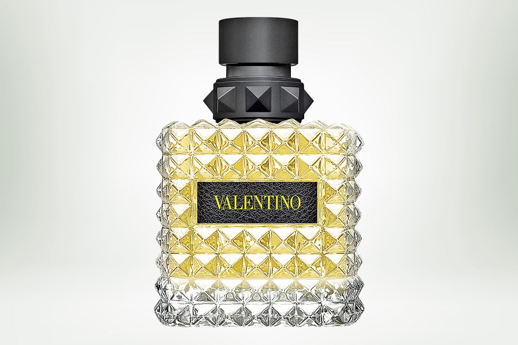 Close up of a Valentino perfume bottle.