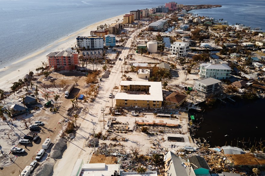 View of damaged buildings in the aftermath of Hurricane Ian in Fort Myers Beach, Florida. October 6th 2022.