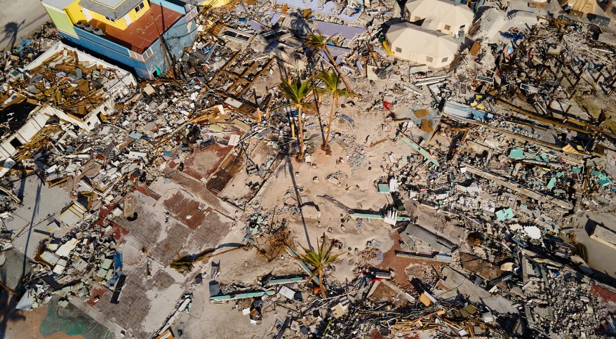 View of destroyed buildings in the aftermath of Hurricane Ian on Thursday, October 6, 2022 in Fort Myers Beach, Florida.