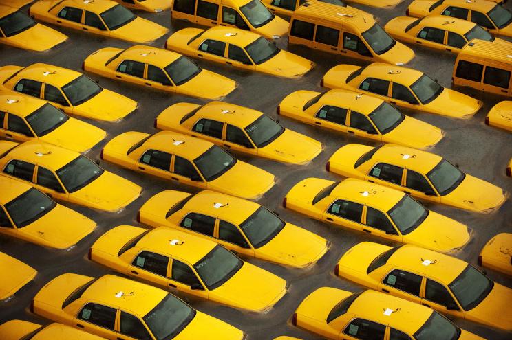 Taxis sit in a flooded lot after Hurricane Sandy Oct. 30, 2012.