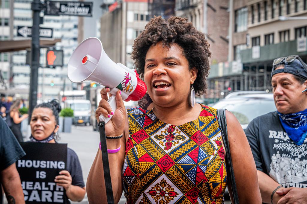 Future Councilmember Kristin Richardson Jordan. Members of a NYC homeless advocacy coalition staged a direct action outside City Hall to call out Mayor de Blasios Broken Record on Homelessness.