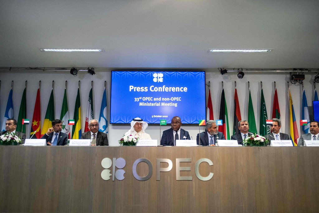 Representatives of OPEC member countries attend a press conference after the 45th Joint Ministerial Monitoring Committee and the 33rd OPEC and non-OPEC Ministerial Meeting in Vienna.