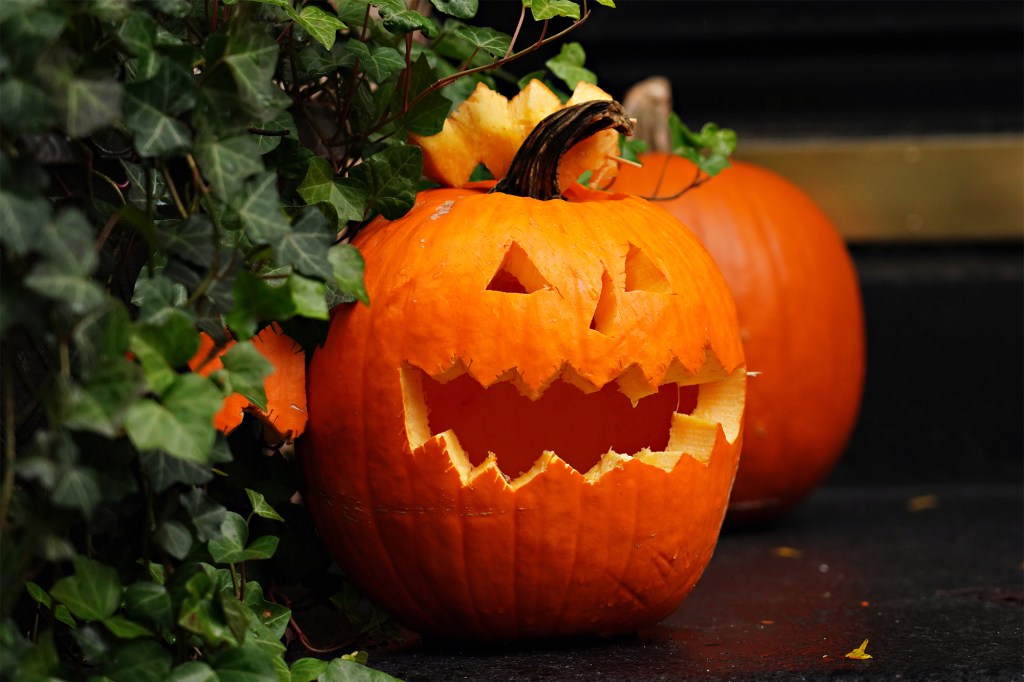 NEW YORK, NEW YORK - OCTOBER 30: A carved pumpkin is part of a Halloween display in front of an Upper East Side home on October 30, 2020 in New York City. Many Halloween events have been canceled or adjusted with additional safety measures due to the ongoing coronavirus (COVID-19) pandemic. (Photo by Cindy Ord/Getty Images)