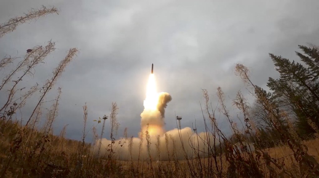 A still image from video, released by the Russian Defence Ministry, shows what it said to be Russia's Yars intercontinental ballistic missile launched during exercises.