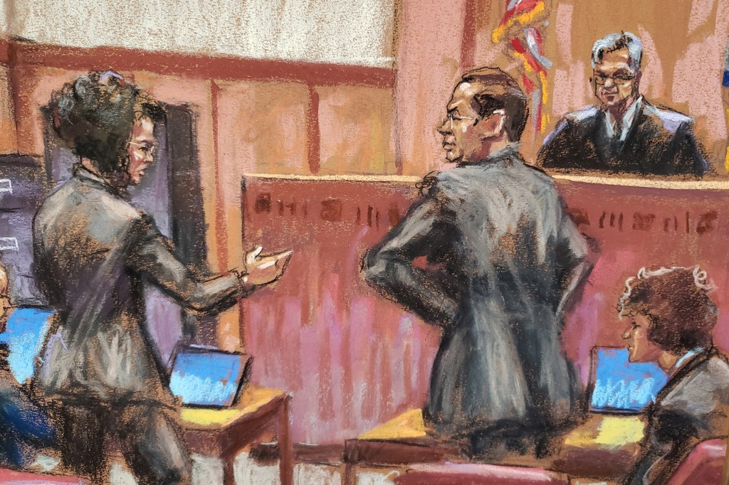 Courtroom sketch of lawyers and judge