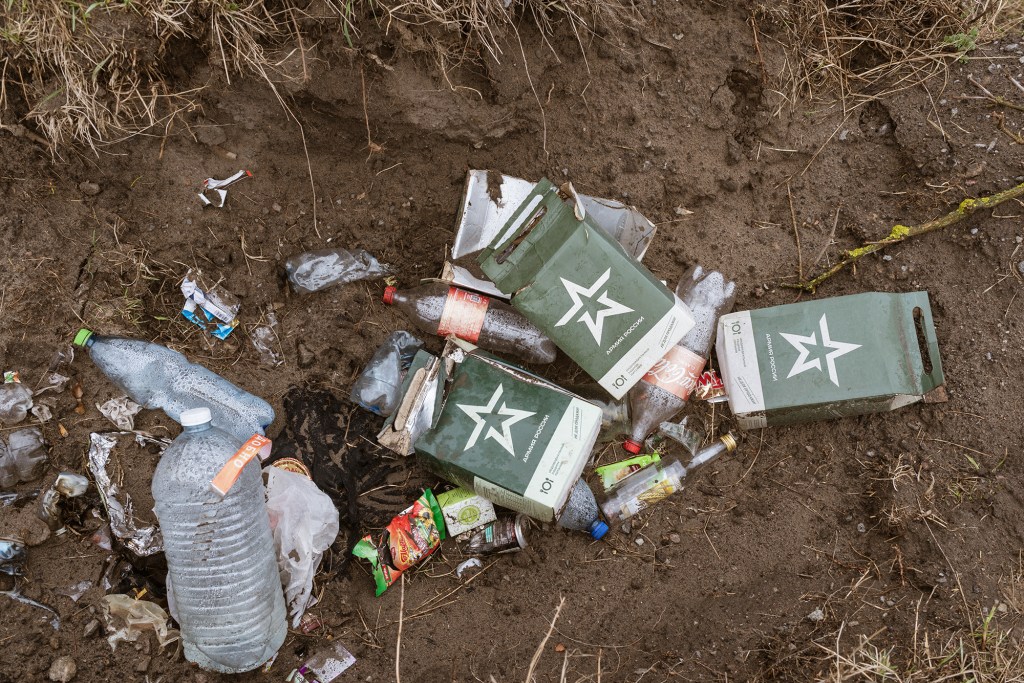 Trash from a Russian soldier's meal is left behind in Chernihiv, Ukraine on April 13, 2022.