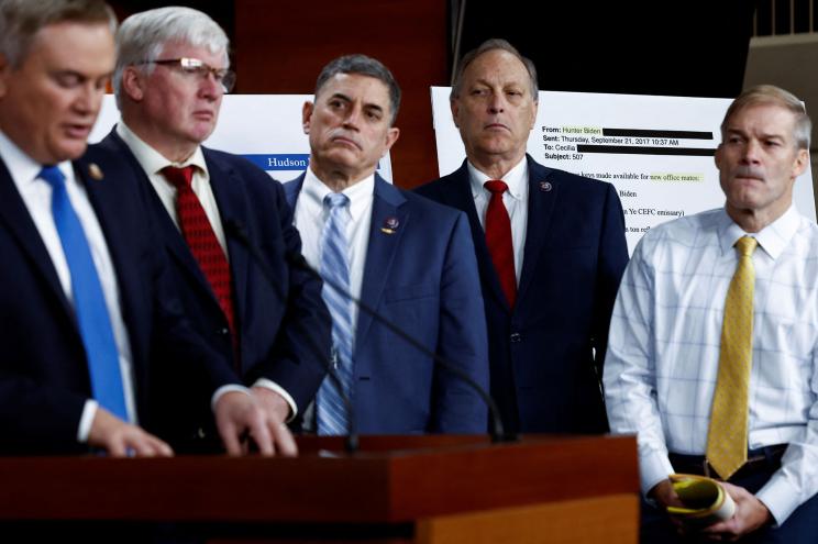 A display showing a redacted email from Hunter Biden, son of U.S. President Joe Biden, serves as a backdrop as U.S. Rep. James Comer (R-KY), ranking Republican on the House Committee on Oversight and Reform; and Rep. Jim Jordan (R-OH), ranking Republican on the House Judiciary Committee, stand with other House Republicans during a news conference to discuss the investigation into the Biden family’s business dealings, at the U.S. Capitol in Washington, U.S., November 17, 2022. REUTERS/Evelyn Hockstein