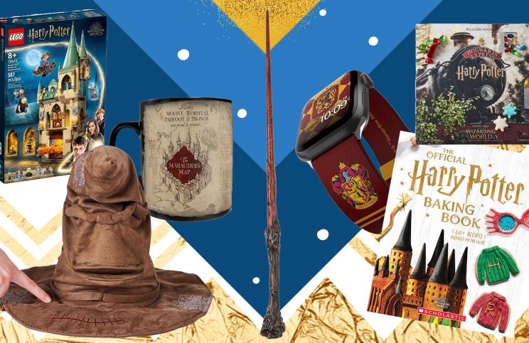 Harry Potter gift items on a blue, gold, and white background.