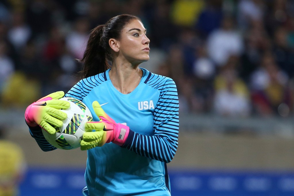 Hope Solo takes the ball during a game in August 2016.