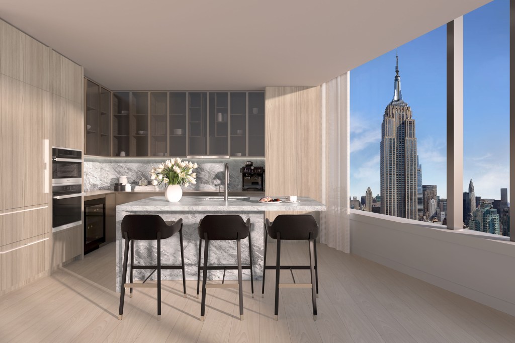 An Empire State Building view from a roomy kitchen.