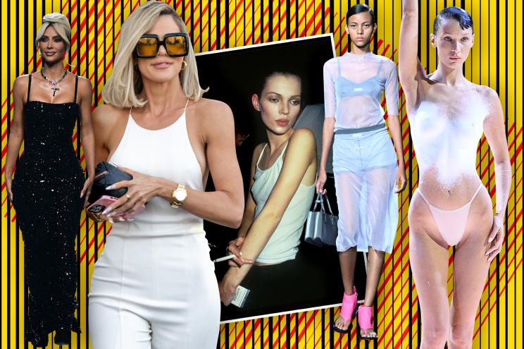 Kate Moss (center) made being ultra-thin chic in the '90s. Now Kim Kardashian (from left), sister Khloé, Miu Miu models and Bella Hadid are bringing the look back.