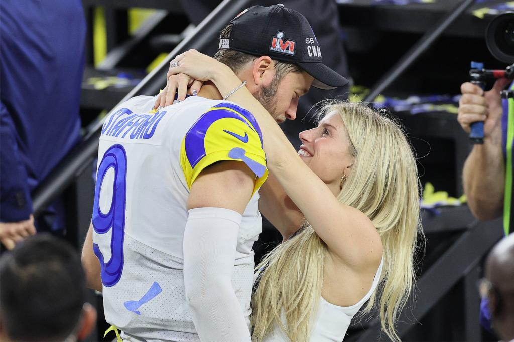 Matthew and Kelly Stafford celebrate the Rams' Super Bowl win in February 2022.