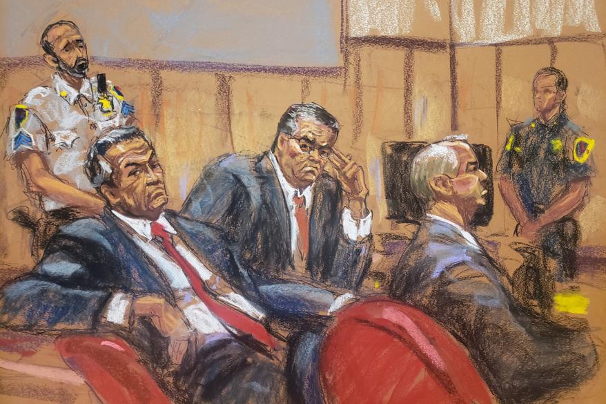 A sketch shows Llawyers Michael van der Veen, William Brennan and Alan Futerfas listen to the guilty verdict being read.