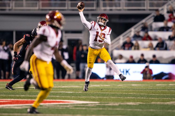 Caleb Williams #13 of the USC Trojans throws a pass during the second half of their game against the Utah Utes October 15, 2022 Rice-Eccles Stadium in Salt Lake City Utah.