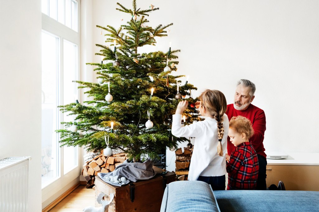 A grandpa spending some time with his grandchildren and getting ready for the holidays by putting up the Christmas tree.