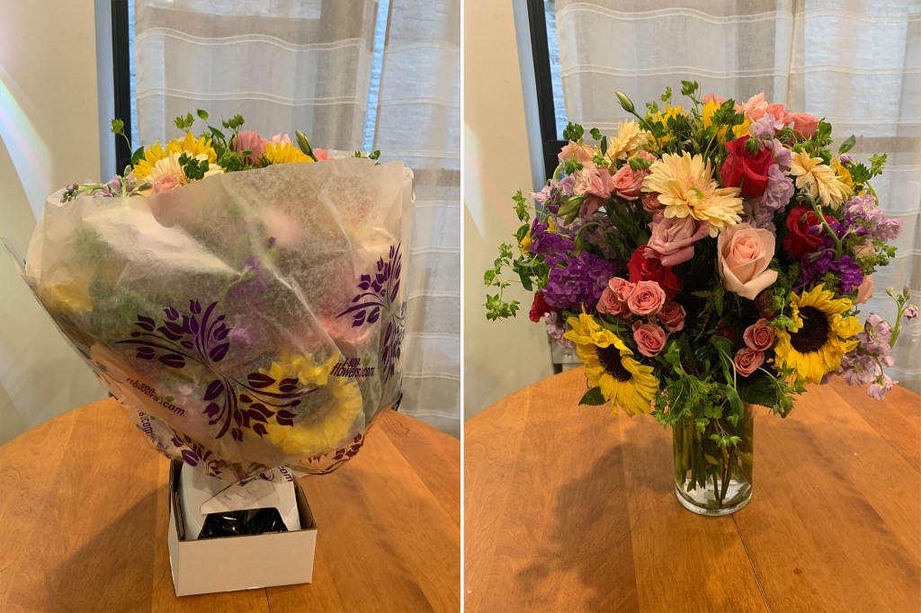 A side by side of a flower bouquet