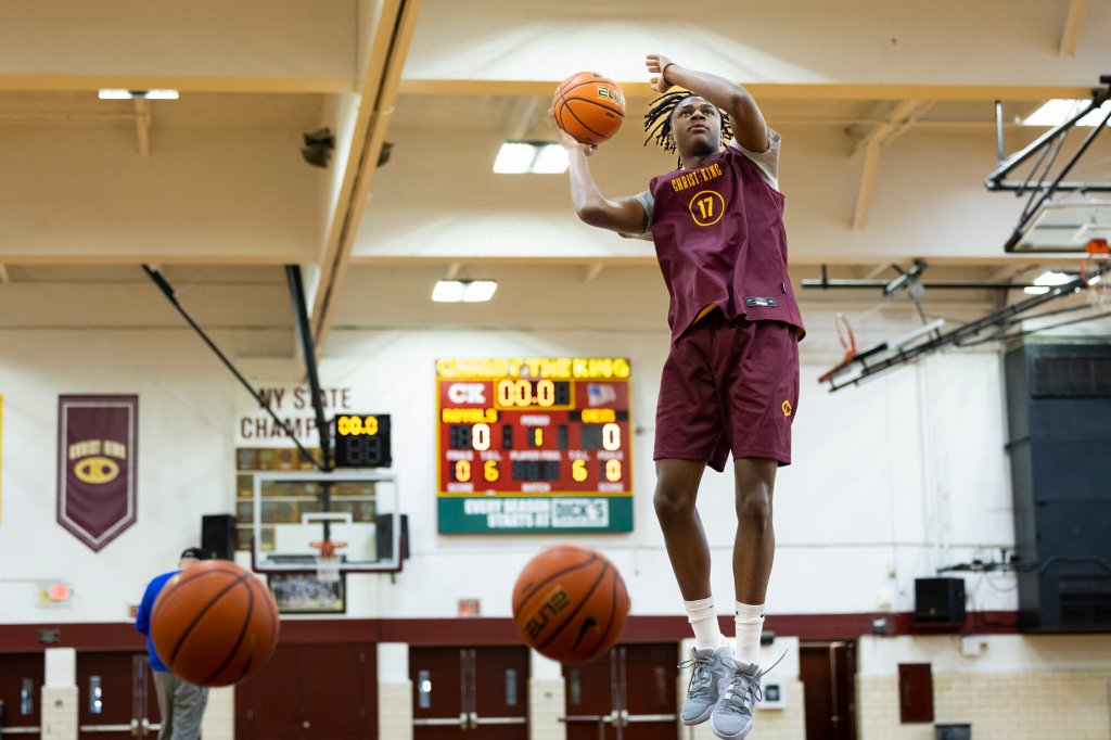 Christ the King high school basketball player Brandon Gardner practices with the team, Friday, Jan. 27, 2023, in Queens, NY.