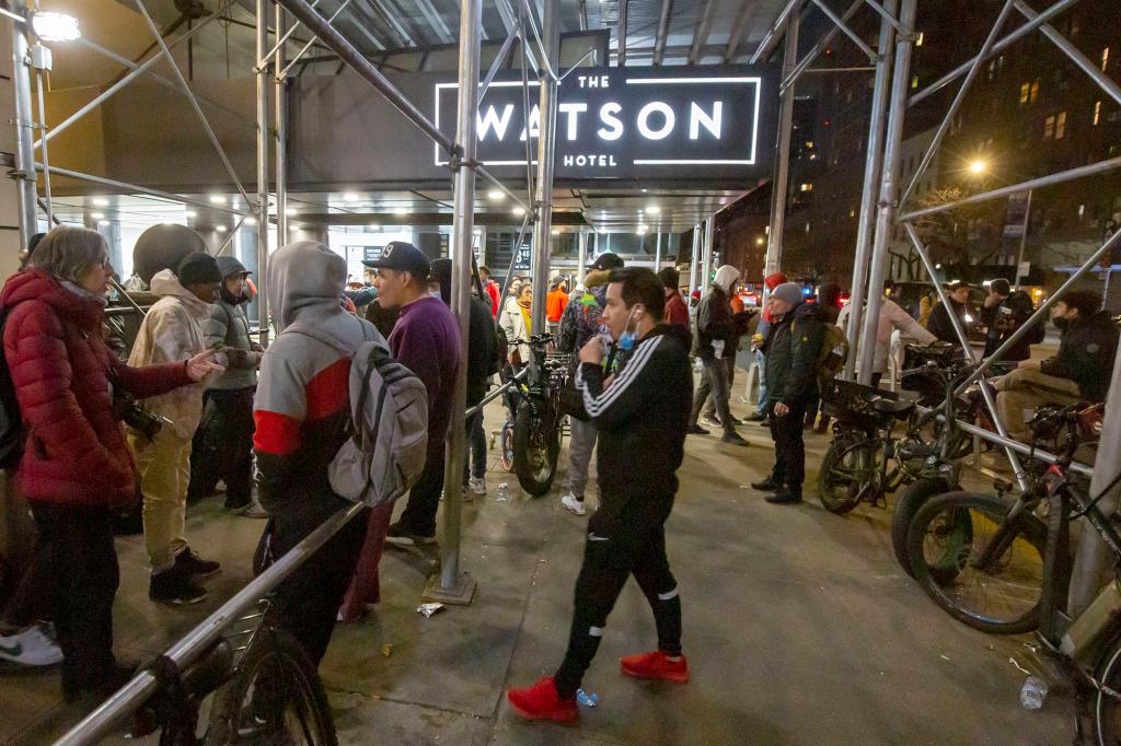 Hundreds of migrants were forced to leave the Watson hotel at 440 W57th St in Manhattan which has been used as a shelter for them in the cold weather, in order to move the a tent shelter at Brooklyn Cruise terminal in Red Hook, Brooklyn.