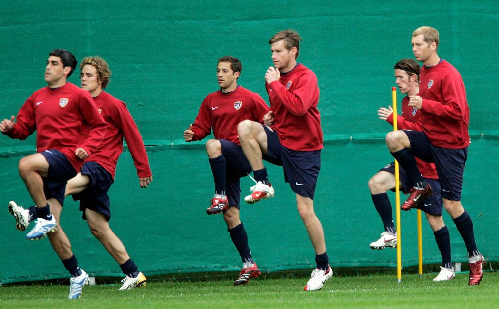 Claudio Reyna (far left) and Gregg Berhalter (far right) during a World Cup practice in Germany on June 3, 2006.