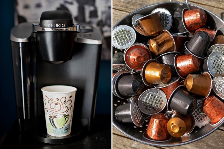 A Keurig coffee maker and coffee pods