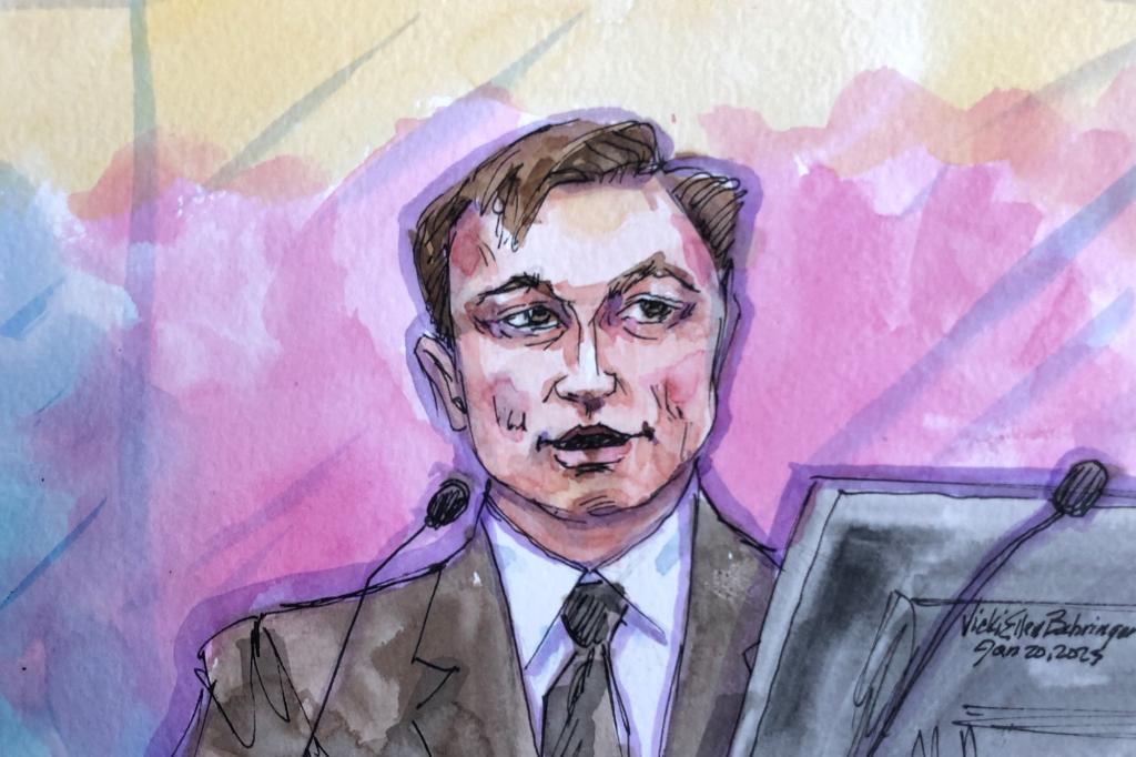 Tesla CEO Elon Musk testifies Friday in this courtroom sketch.