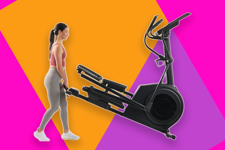 girl with treadmill over pink and orange background