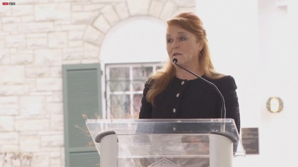 Pictured is Sarah Ferguson, Duchess of York, speaking at the memorial service for Lisa Marie Presley at Graceland.