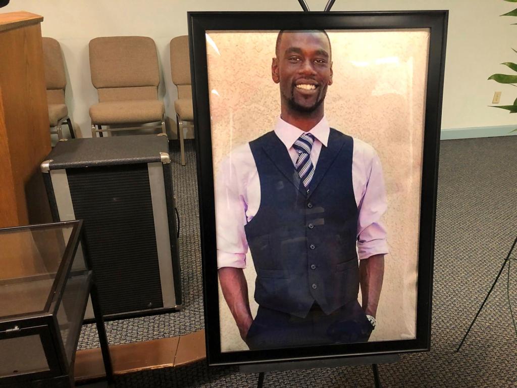 A portrait of Tyre Nichols is displayed at a memorial service for him on Tuesday, Jan. 17.