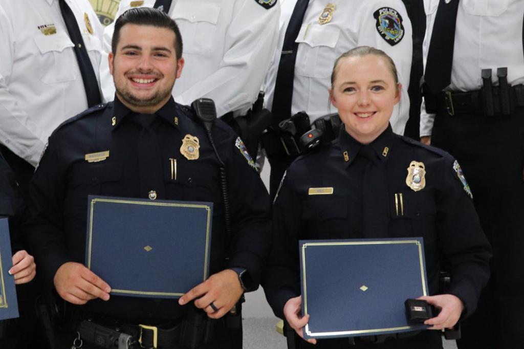 Officers Patrick Magliocco and Maegan Hall receiving Community Service Awards from the department in 2021.