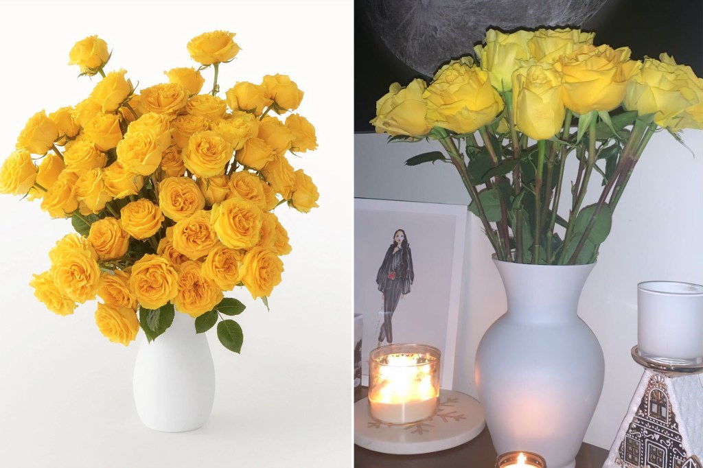 A side by side of yellow flowers