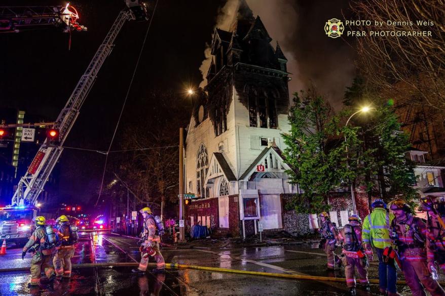 A picture of a historic church in Portland on fire.