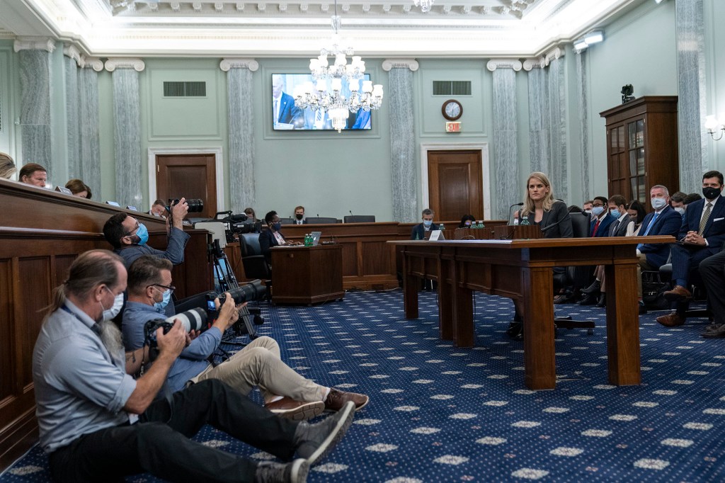 Former Facebook data scientist Frances Haugen speaks during a hearing of the Senate Commerce, Science, and Transportation Subcommittee on Consumer Protection, Product Safety, and Data Security, on Capitol Hill, in Washington.