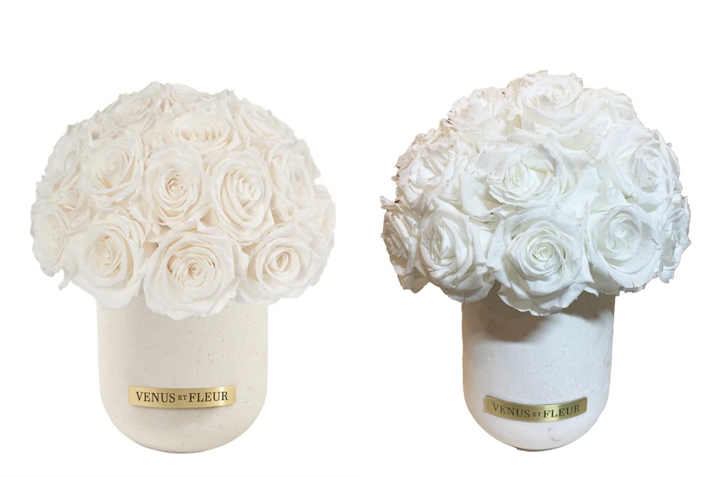 A side by side of white roses