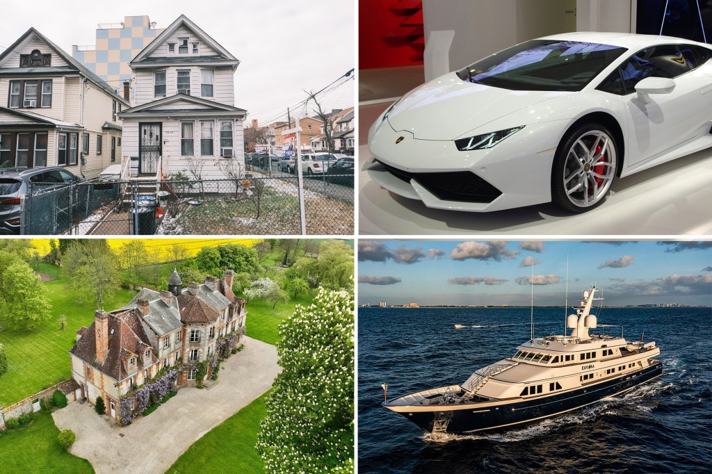 A composite of a single family home in Queens, a Lamborghini, a French castle and a yacht