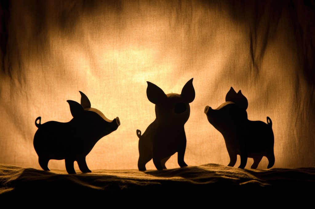 Shadow Puppets. Three Little Pigs Fable: Cute Baby Pig Shadow Storytelling